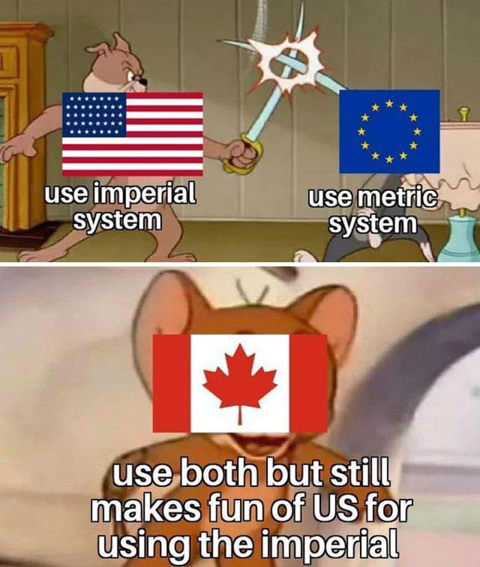 Canadian memes highlighting unit system humor with flags representing USA, EU, and Canada in a cartoon format.