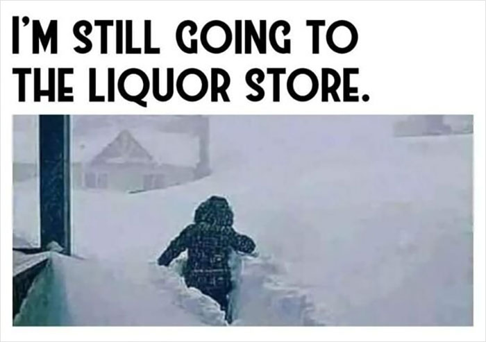 Person walking through deep snow with a caption about going to the liquor store, highlighting Canadian stereotypes.