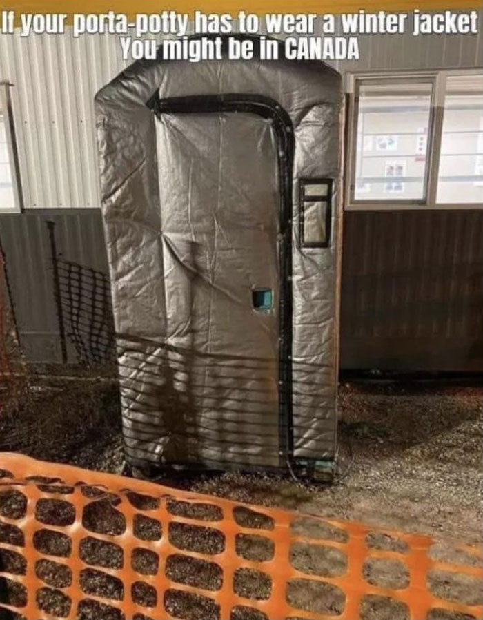 Portable toilet covered with an insulated jacket, humorously highlighting Canadian stereotypes.