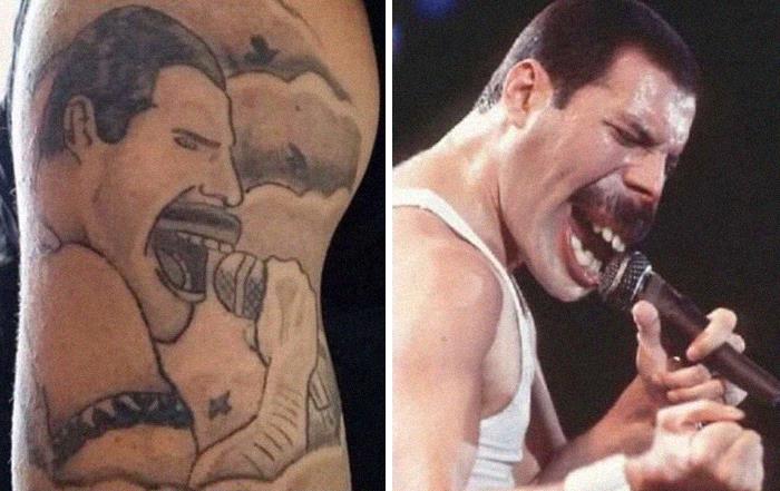Bad tattoo next to a famous singing scene, highlighting inkshaming with a humorous comparison.