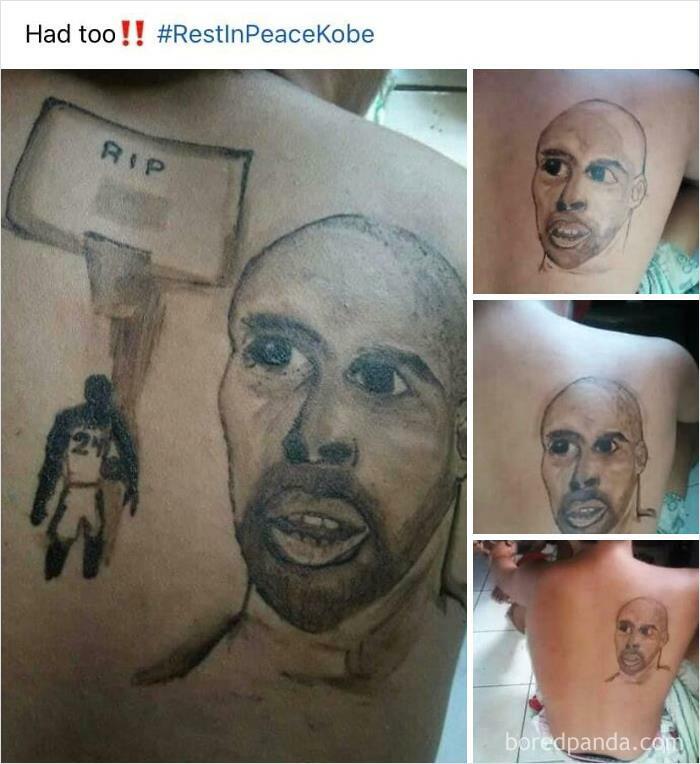 Poorly executed tattoo tribute with misshapen portrait and basketball theme.