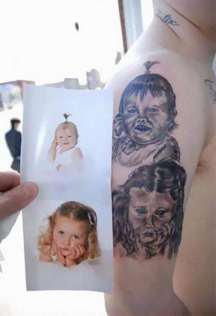 Two photo tattoos on a person's arm, with image comparisons showing tattoo fails.
