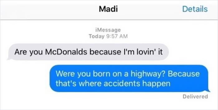 Funny text exchange with McDonald's and highway jokes.