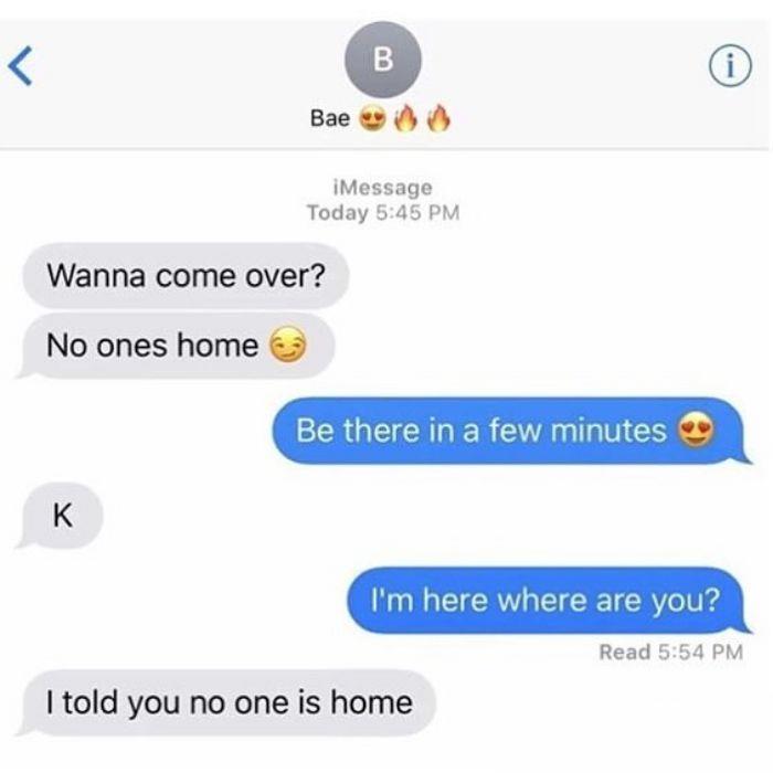 Funny text message exchange with miscommunication about visiting when no one is home.