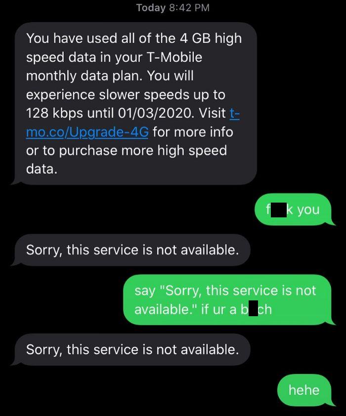 Funny text message exchange about data usage limits with humorous auto-reply responses.