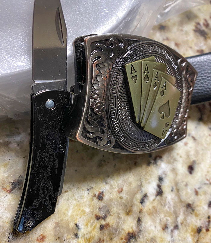 This Belt Buckle I Found Has A Matching Hidden Knife That Pops Out