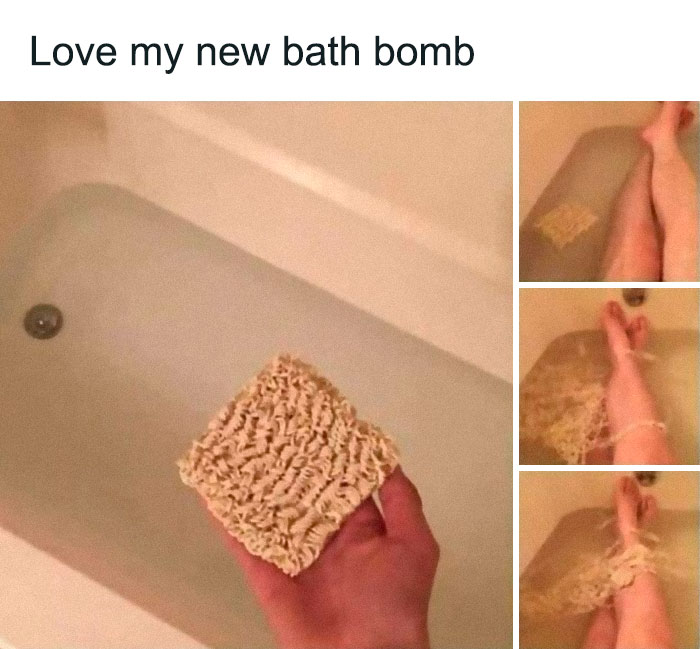Person holding dry ramen as a bath b**b over bathtub; a 'cursed' food image.