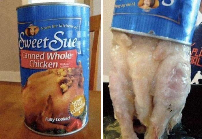Cursed food: canned whole chicken partially out of the can, with a glimpse of the packaging on display.