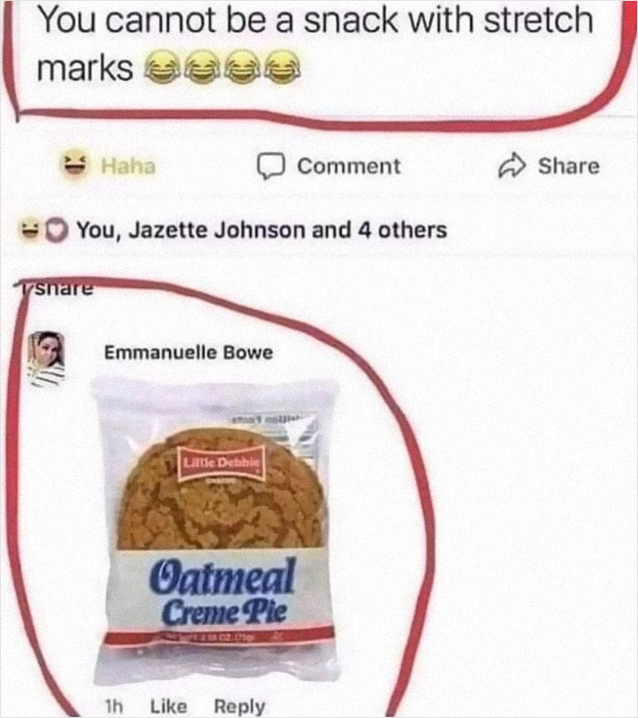 Facebook post with a comment joking about cursed foods showing an Oatmeal Creme Pie.