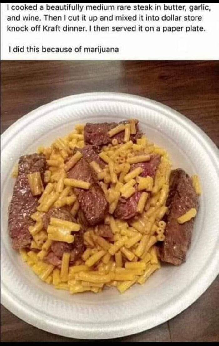 Cursed food: steak mixed with macaroni served on a paper plate.