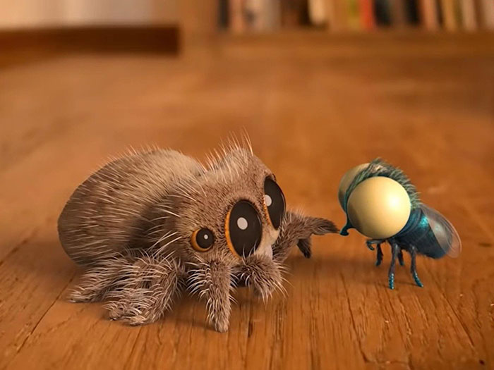 Cute animated spider and fly with big eyes on a wooden floor, showcasing adorable character design.