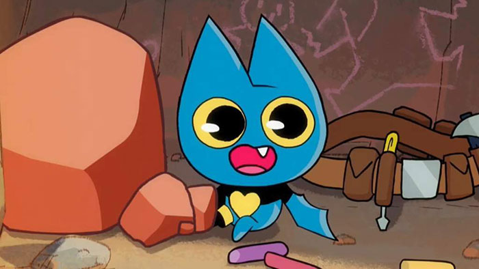 Cute animated character with large eyes and a blue outfit, sitting next to a rock and surrounded by tools and colorful sticks.
