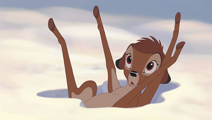 Cute animated character, a baby deer, playfully stuck in the snow.
