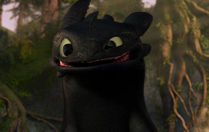 Cute animated character smiling in a forest setting.