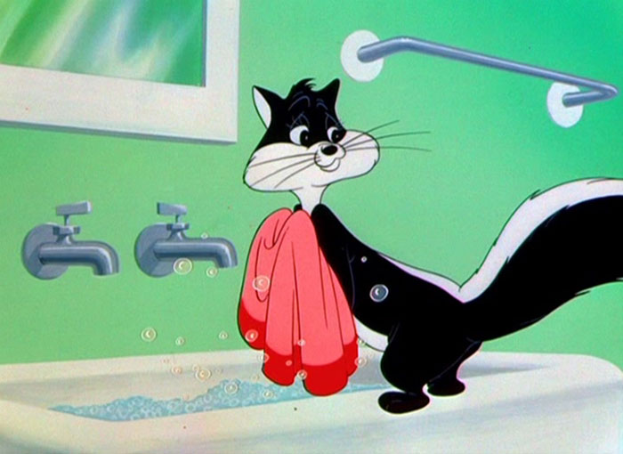 Cute animated character skunk holding a red towel near a sink, in a colorful cartoon setting.