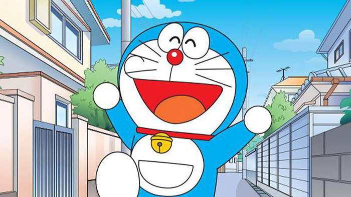 Cute animated character with a big smile, walking cheerfully through a sunny neighborhood street.