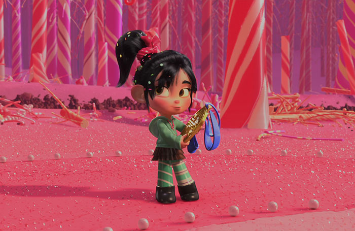 Cute animated character in a candy-themed world, holding a gold medal, surrounded by pink and red candy canes.