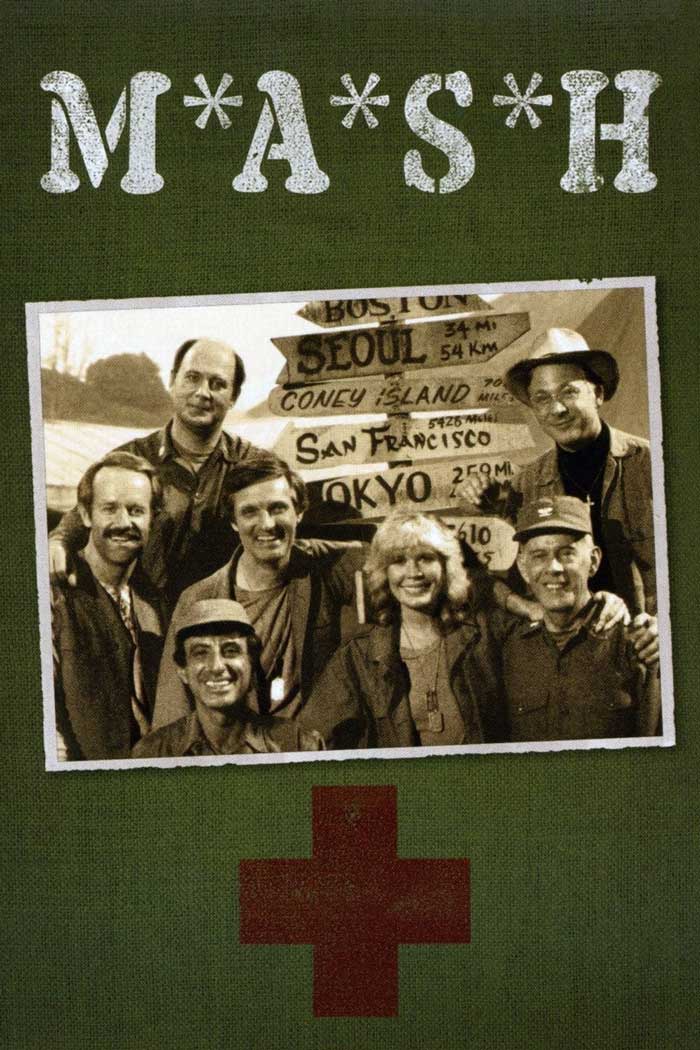 M*A*S*H cast photo with military signpost; a classic TV show about doctors and medical workers.