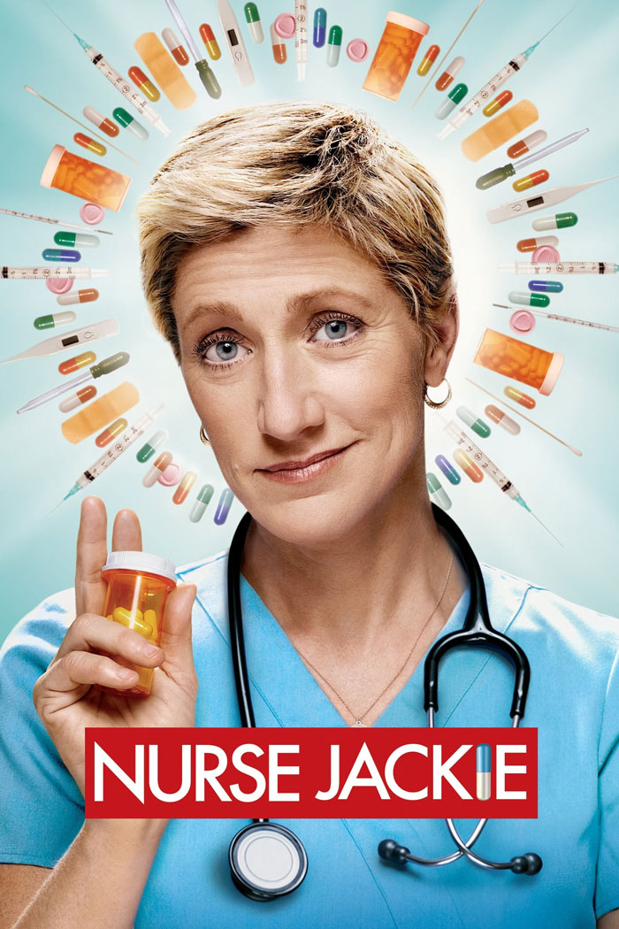 Nurse in blue scrubs holds medication bottle, surrounded by medical items; TV show about doctors and medical workers.