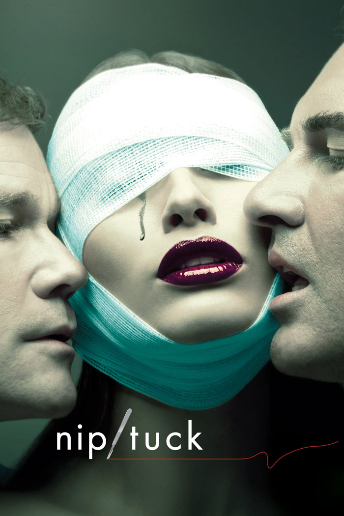 Close-up of characters from a TV show about doctors with a focus on aesthetic procedures, featuring dramatic visuals.