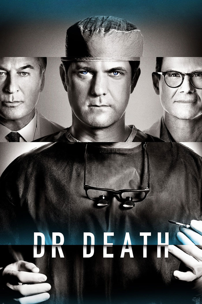 "TV show about doctors featuring three men in surgical attire, including a central figure holding medical instruments."