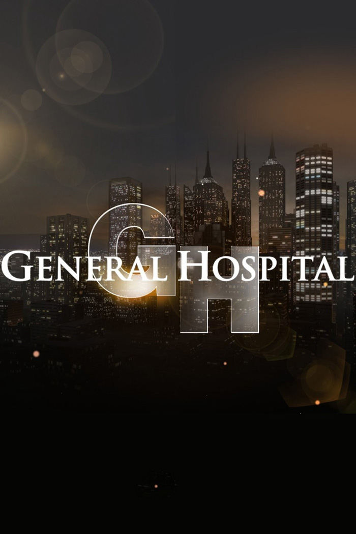"General Hospital logo over city skyline, representing TV shows about medical workers."