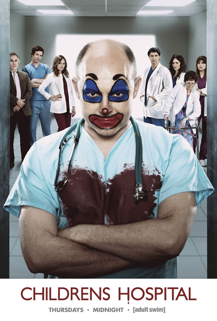 Medical show parody with doctors in a hospital setting, featuring a clown-faced doctor wearing scrubs and a stethoscope.