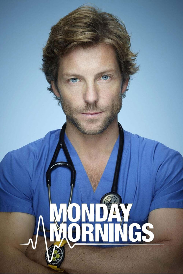 Doctor in blue scrubs with a stethoscope, promoting "Monday Mornings," a TV show about medical workers.