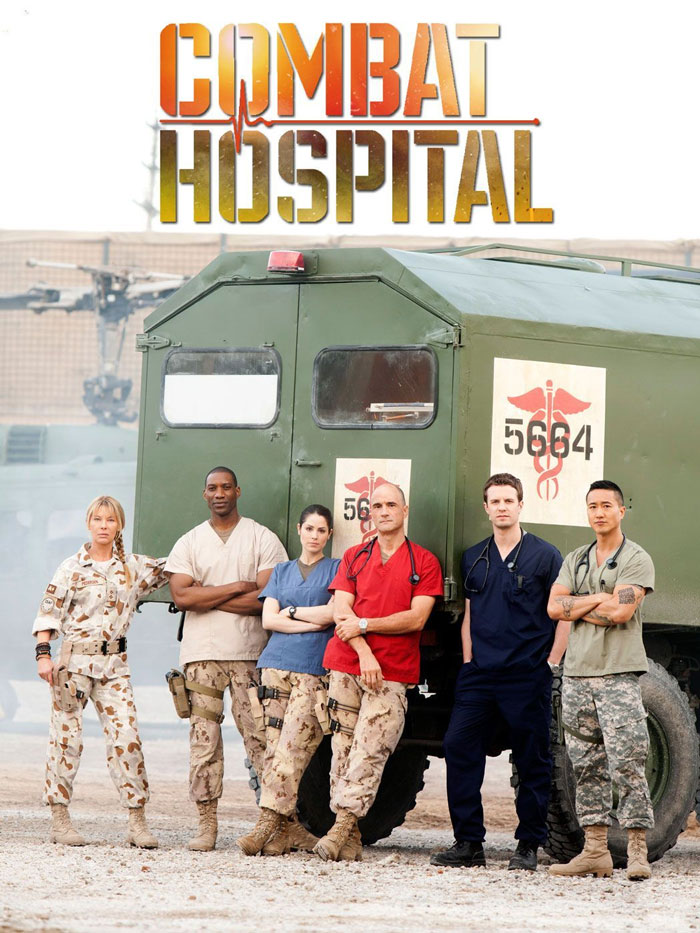 Medical workers in scrubs and uniforms standing by a military vehicle, related to TV shows about doctors.