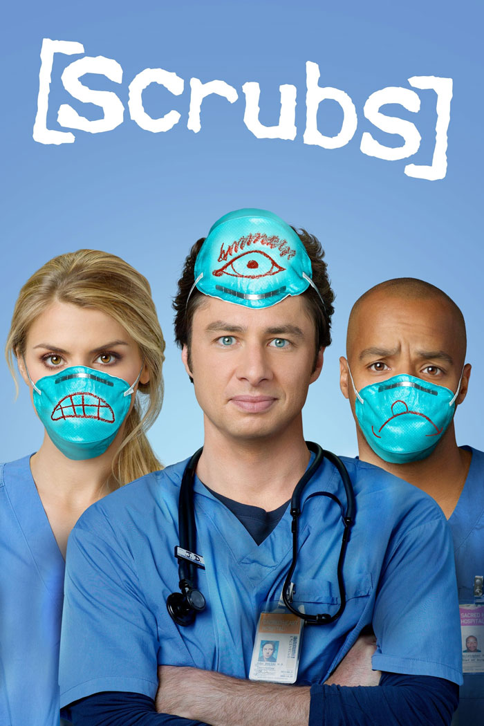 Three medical workers in scrubs with decorated face masks.