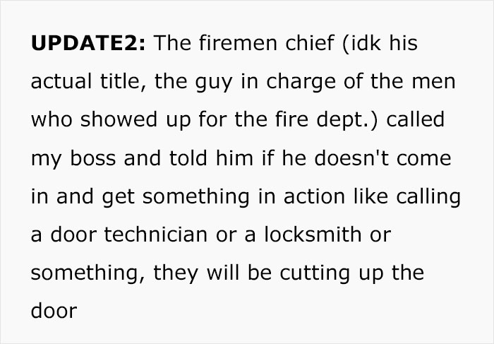 Employee Asks For Legal Advice After Having Restaurant Door Cut To Get Out Of Work After Boss Forbids Them To Call 911 Employee Asks For Legal Advice After Having Restaurant Door Cut To Get Out Of Work After Boss Forbids Them To Call 911