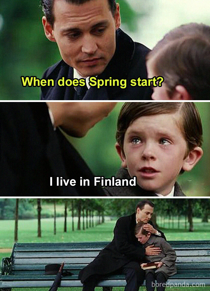 Man and child on park bench; text humorously references Finland's seasons and happiness.