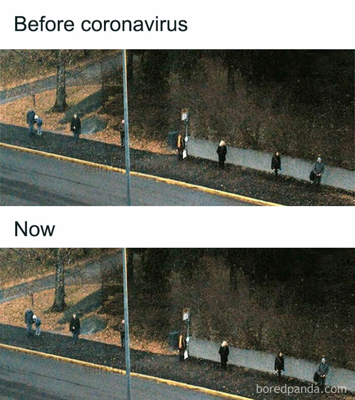 People at a bus stop in Finland before and during social distancing, highlighting the happiest country's lifestyle.