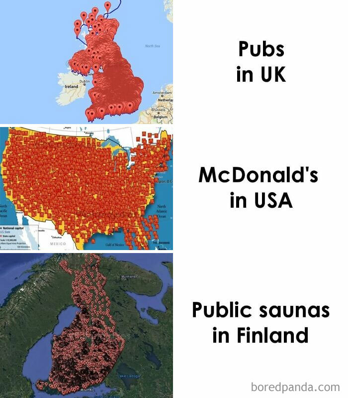 Maps comparing pubs in the UK, McDonald's in the USA, and public saunas in Finland, highlighting the happiest country.