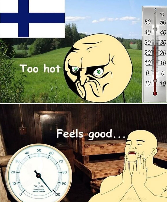 Finland memes depicting extreme weather: hot outdoor scene vs. cozy sauna atmosphere with humorous characters.