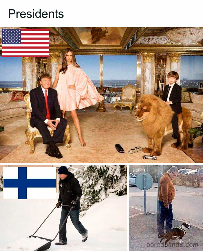 American opulence versus Finnish simplicity in a humorous comparison highlighting Finland's happiness.
