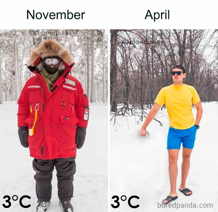 November vs April in Finland: Person dressed for extreme cold and wearing summer clothes, both at 3°C.