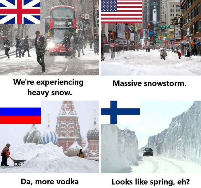 Various countries experiencing snow, highlighting Finland's winter resilience humorously.
