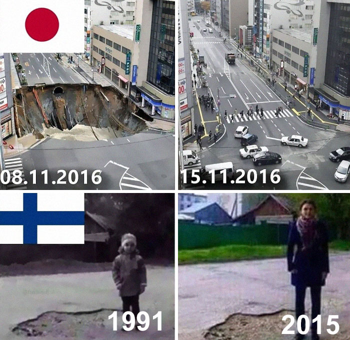 "Comparison of road repairs in Japan and Finland, highlighting Finland's infrastructure efficiency."