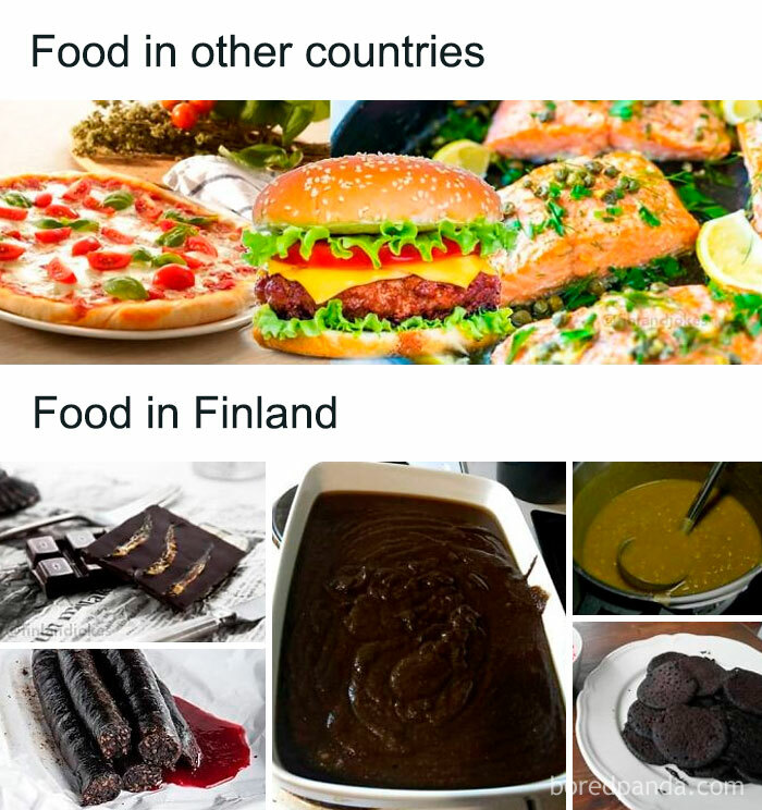 "Comparison of food in other countries with unique Finnish cuisine featuring chocolate and traditional dishes."