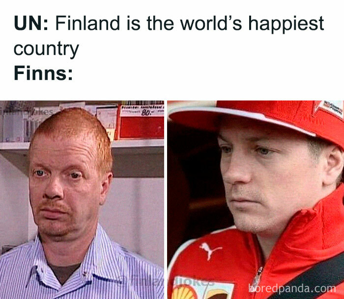 "Two Finns with neutral expressions, illustrating a Finland meme about being the happiest country."