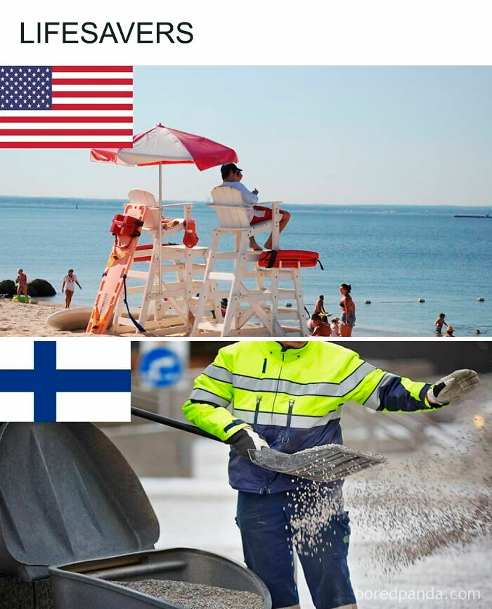 Comparison image: beach lifeguard versus a Finnish worker spreading gravel.