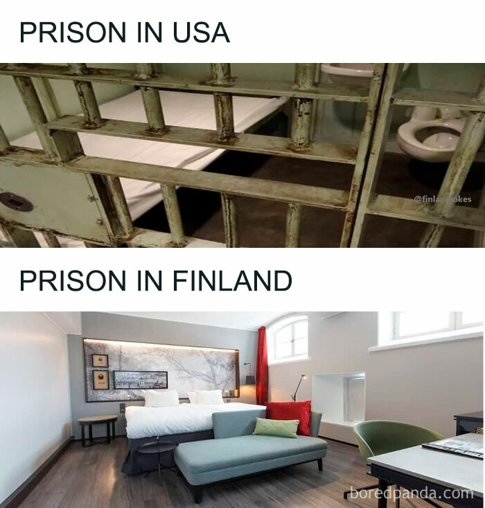 "Comparison of USA prison cell with basic amenities and Finland's prison cell resembling a cozy living space."