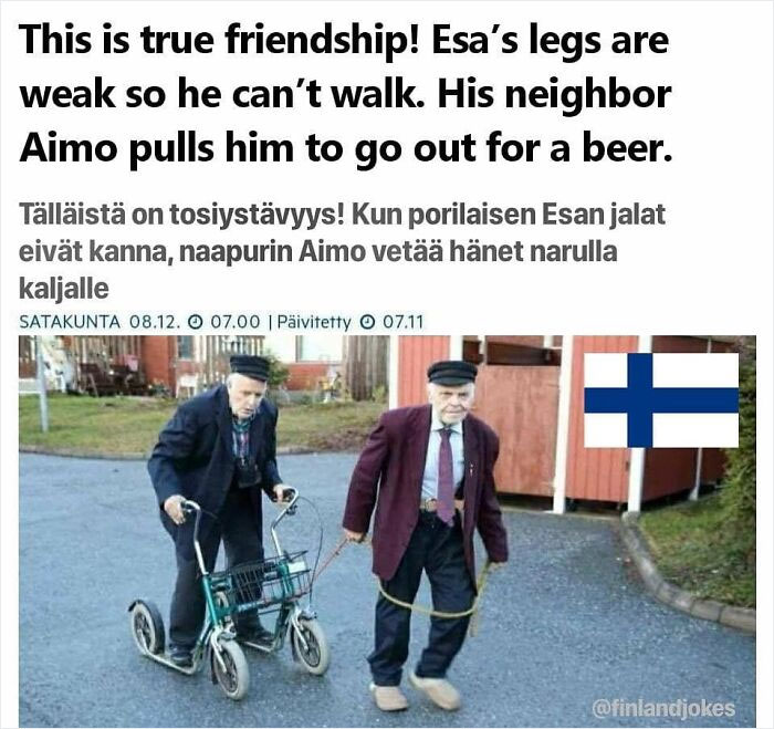 Two elderly men in Finland demonstrate friendship, one pulling the other with a walker on a street.