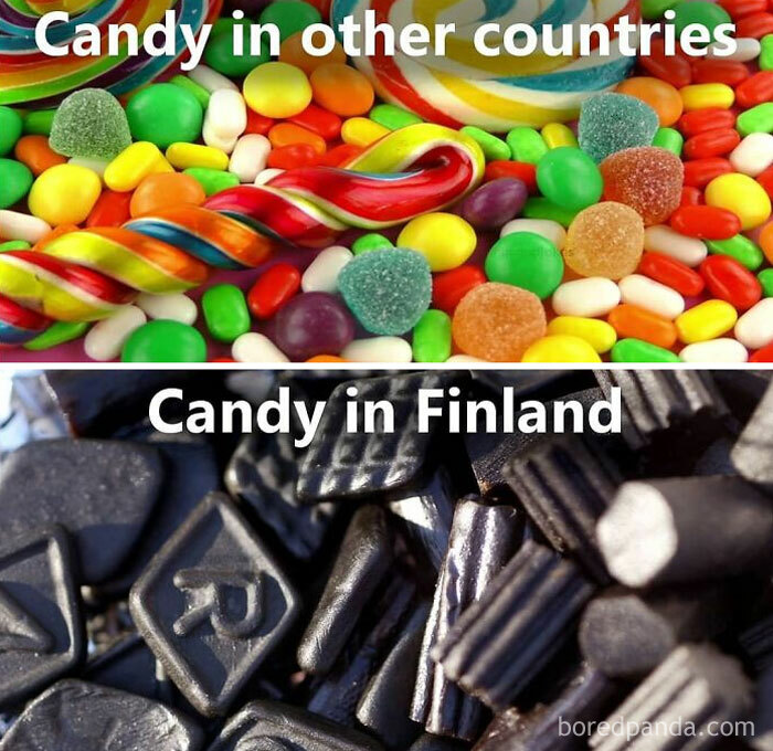 Colorful candy vs. black licorice candies; humorous Finland meme comparing sweets.