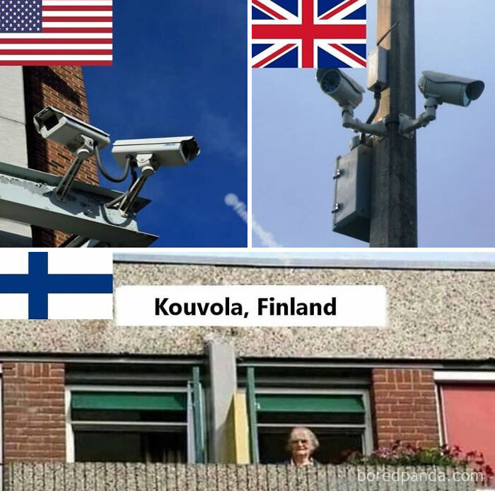 Security cameras from the US and UK compared to a man watching from a window in Kouvola, Finland, highlighting Finland's peacefulness.