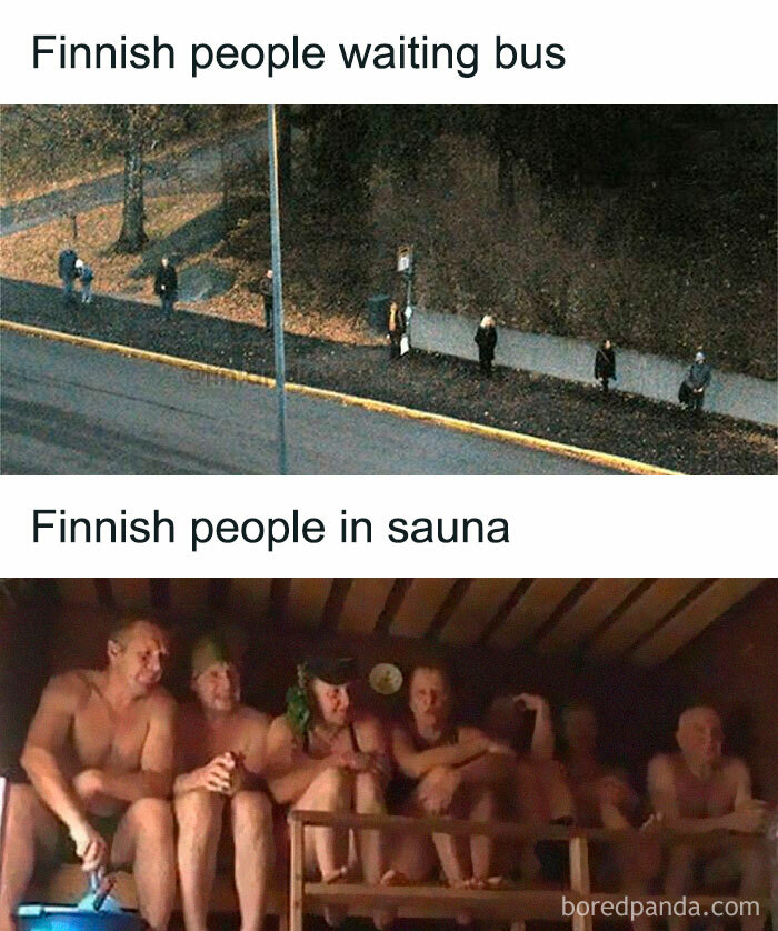 Finnish people waiting for a bus above, sitting together in a sauna below; contrasts in social behavior.