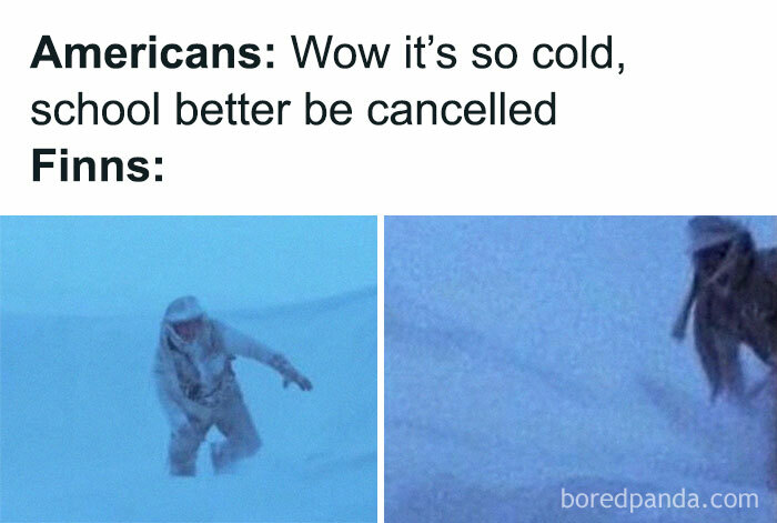 Finnish resilience meme showing a person walking through deep snow, contrasting American cold weather reaction.