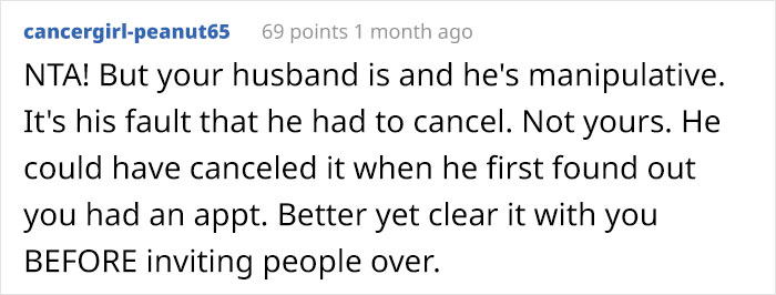 Entitled Husband Cancels Wife's Urgent Doctor's Appointment Because "He Needs Her So She Could Host Dinner For His Friends"