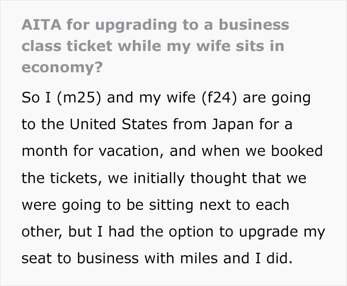 "She Thinks I Chose Business Class Over Her": Wife Is Upset After Husband Upgrades Only His Ticket For Their 12-Hour Flight